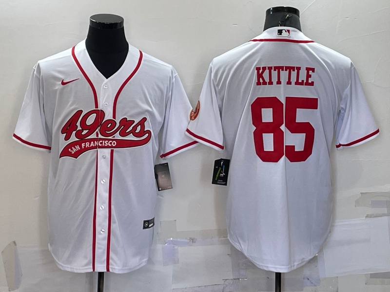 Men's San Francisco 49ers #85 George Kittle White With Patch Cool Base Stitched Baseball Jersey Men's San Francisco 49ers #85 George Kittle White With Patch Cool Base Stitched Baseball Jersey